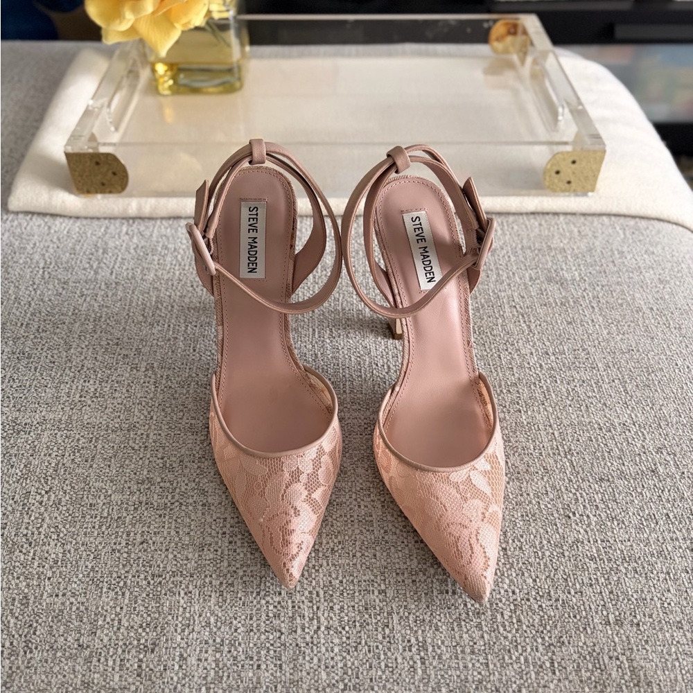 Steve Madden Lace Pointed-Toe Ankle-Strap Heels in Blush Pink - Picture 2 of 6